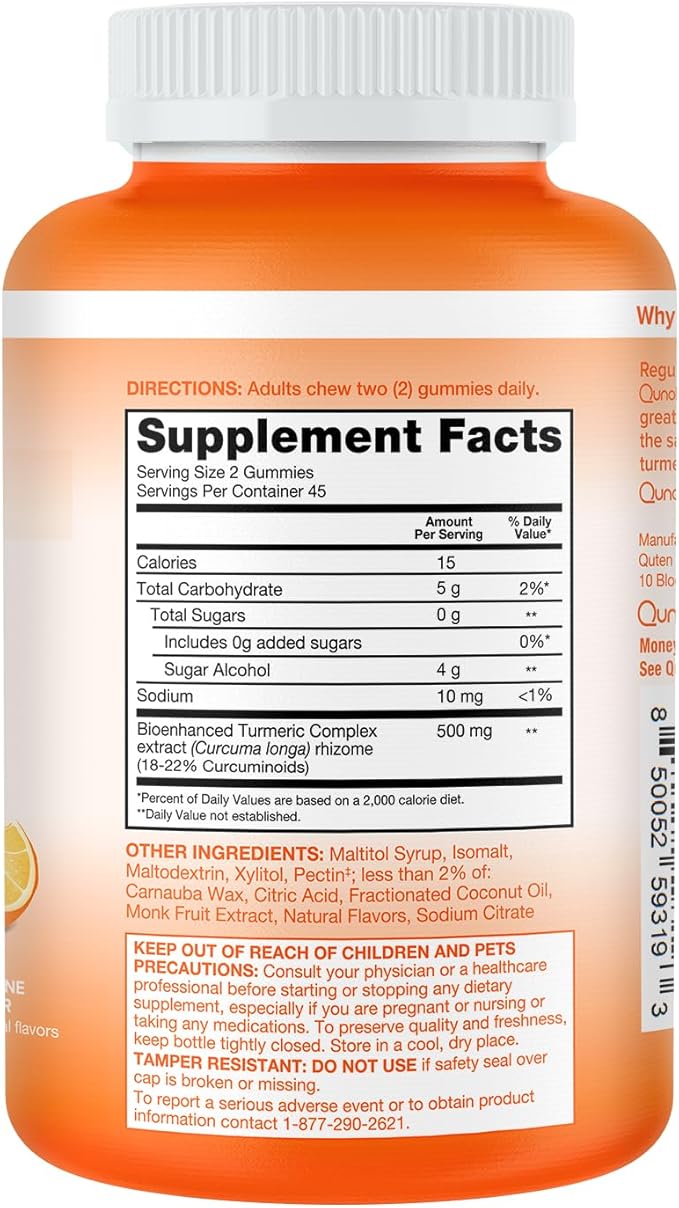 Qunol Zero Sugar Turmeric Gummies, Gummy with 500mg Turmeric Curcumin, Joint Support Supplement, Ultra High Absorption Turmeric Curcumin, Vegetarian, Gluten Free, 90 Count