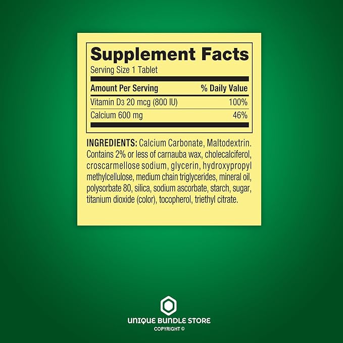 Calcium 600mg with Vitamin D3 – 100 Tablets, Calcium and 800 IU Vitamin D per Tablet, Gluten & Lactose Free, Daily Calcium Supplement for Women and Men (Pack of 3)