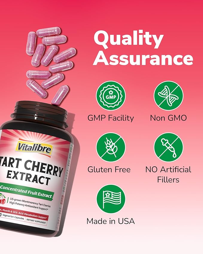 Tart Cherry Capsules, 500 mg Tart Cherry Extract Per Capsule, Montmorency Tart Cherries, Uric Acid Balance, Immune Support, Non-GMO, 120 Vegan Capsules
