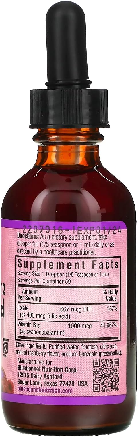 Bluebonnet Nutrition Liquid Vitamin B1 & Folic Acid, for Energy Boost, Soy-Free, Gluten-Free, Dairy-Free, Vegan, 400 mcg of Folic Acid & 1000 mcg of Vitamin B1 Per Serving, Raspberry, 59 Servings, 2 Fl Oz