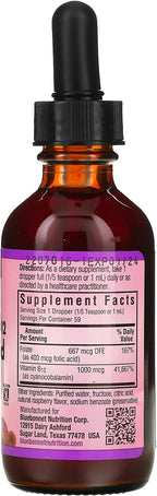 Bluebonnet Nutrition Liquid Vitamin B1 & Folic Acid, for Energy Boost, Soy-Free, Gluten-Free, Dairy-Free, Vegan, 400 mcg of Folic Acid & 1000 mcg of Vitamin B1 Per Serving, Raspberry, 59 Servings, 2 Fl Oz