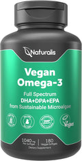 Naturalis Double Strength Vegan Omega 3 DHA, EPA & DPA from Microalgae | Vegan Society Certified, Sustainably Sourced, True Full Spectrum | 180 Veggie Softgels (Carrageenan Free)