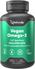 Naturalis Double Strength Vegan Omega 3 DHA, EPA & DPA from Microalgae | Vegan Society Certified, Sustainably Sourced, True Full Spectrum | 180 Veggie Softgels (Carrageenan Free)