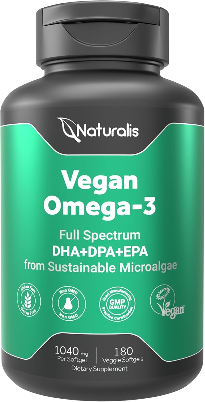 Naturalis Double Strength Vegan Omega 3 DHA, EPA & DPA from Microalgae | Vegan Society Certified, Sustainably Sourced, True Full Spectrum | 180 Veggie Softgels (Carrageenan Free)