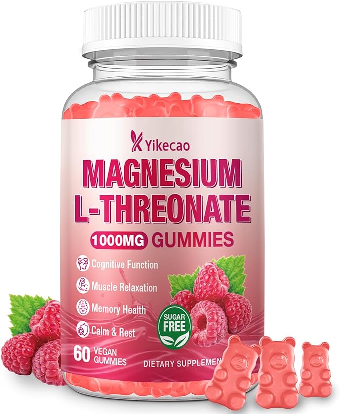 Magnesium L-Threonate Gummies 1000mg, Sugar-Free Magnesium Threonate Supplement for Kids & Adults, Nervous & Muscle System Support, Non-GMO, Raspberry Flavor, 60 Count