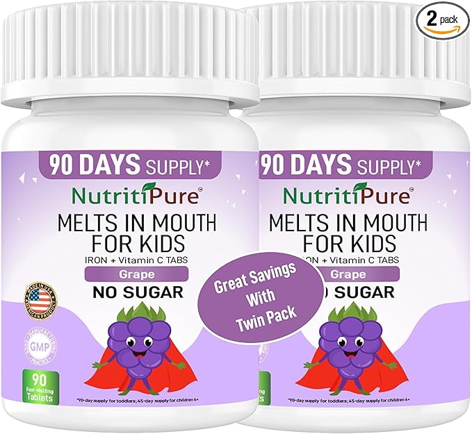 Kids Chewable Iron Supplement, Ferronyl® Carbonyl Iron 9 mg, Vitamin C 30 mg, Grape Flavor, 90 Tablets (2 Bottles)