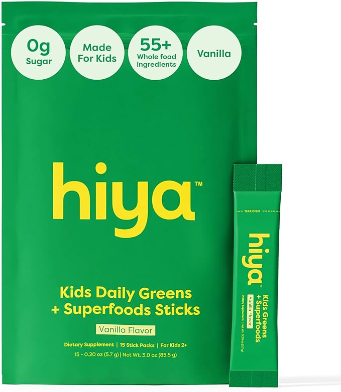 HIYA Kids Greens Powder Sticks - 55 Whole-Food Sourced Ingredients & Delicious Flavor - Greens Superfood Powder for Kids (Vanilla)
