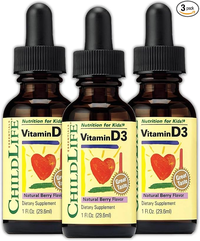 CHILDLIFE ESSENTIALS Vitamin D3 Drops for Kids, Children, & Toddlers - Liquid Vitamin D Drops, 500 IU per Drop, Immune & Bone Health Support, Natural Berry - 1 Fl Oz (Pack of 3)