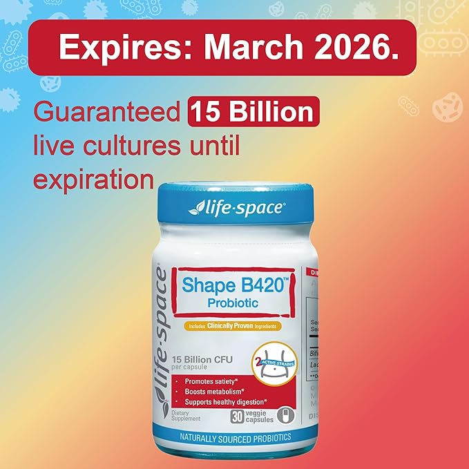 Life-Space Shape B420 Probiotics for Shape Better, GLP-1 Boost, Clinically Backed Metabolism Support, Prebiotic + Probiotics for Women and Men, 30 Vegetarian Capsules