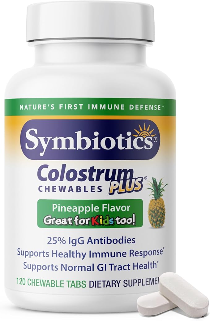 Symbiotics Naturade Colostrum Chewable Tablets – Immune & Digestive Support with Lactoferrin, Gluten Free, Low Sugar, Easy Daily Wellness Nutrition (120 Count - Pineapple)