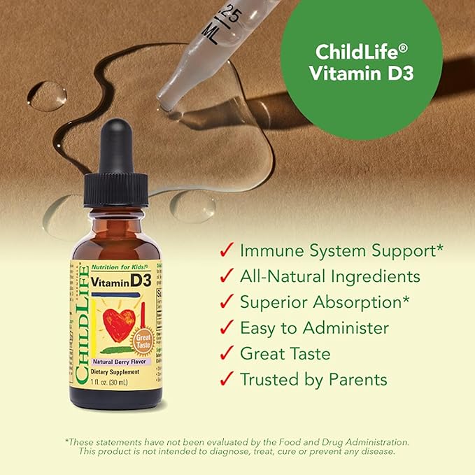 CHILDLIFE ESSENTIALS Vitamin D3 Drops for Kids, Children, & Toddlers - Liquid Vitamin D Drops, 500 IU per Drop, Immune & Bone Health Support, Natural Berry - 1 Fl Oz (Pack of 1)