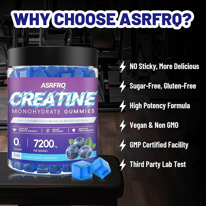 Creatine Monohydrate Gummies for Men & Women – 7200mg High Potency Strength, Muscle Growth & Energy Support Chews – Vegan, Sugar-Free, Non-GMO Workout Supplement for Gym Performance, Recovery