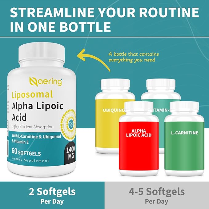 Liposomal Alpha Lipoic Acid 1400mg Softgels, ALA Supplement with L-Carnitine 1000mg, Ubiquinol (Active CoQ10) 100mg and Vitamin E 10mg for Antioxidants, Nerve & Energy, 120 Softgels