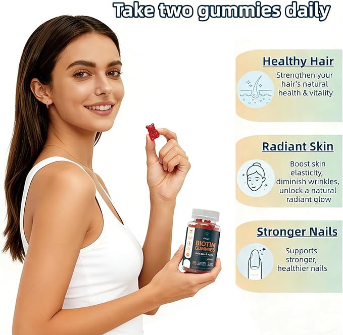 Premium Biotin Gummies with Multivitamins for Stronger Hair, Skin & Nails Raspberry Flavor Vegan Vitamin B7 Men and Women Formula - 60 Vegan Chews (30-Day Supply)‌