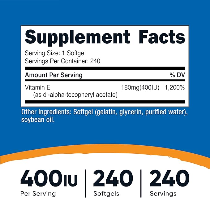 Nutricost Vitamin E 400 IU, 240 Softgel Capsules - Gluten Free, Non-GMO