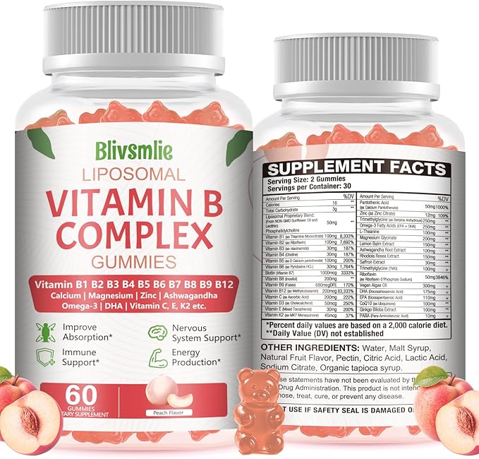 33-IN-1 Liposomal Overall 3500mg + Vitamin B Complex Gummies -B1, B2, B3, B4, B5, B6, B7, B8, B9,B12 | Vitamin C, D3,K2 | Coq10 Omega 3 etc for Energy, Brain,Immune,Skin Support &Heart Support ﻿