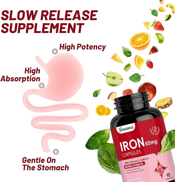 Iron Supplement - Iron 65mg High Absorption Iron Bisglycinate with Vitamin C, Calcium, Gentle Iron Pills for Women Men - Non GMO & Gluten Free, Stomach Friendly, 90 Capsules