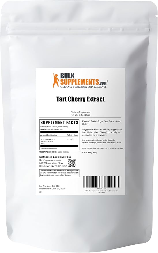 BulkSupplements.com Tart Cherry Extract Powder - Tart Cherry Supplement, Herbal Supplement - Antioxidant Source, Gluten Free, 500mg per Serving, 250g (8.8 oz) (Pack of 1)