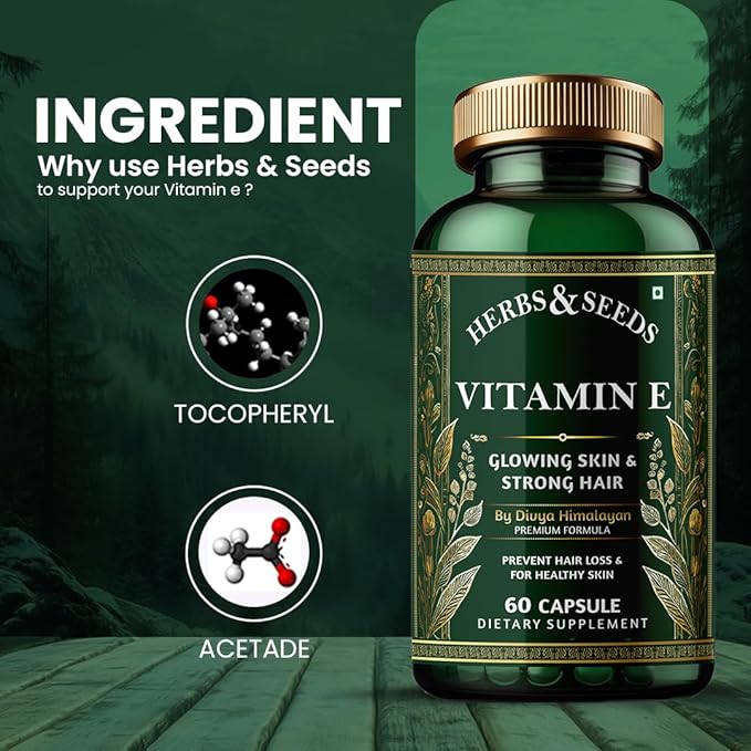 Divya Himalayan Herbs & Seeds 100% Natural Vitamin E Supplement Capsules 600mg (D-Alpha-Tocopherol) Supplement Promotes Skin Health & Nails Health for Women Men Girls - 60 Capsules