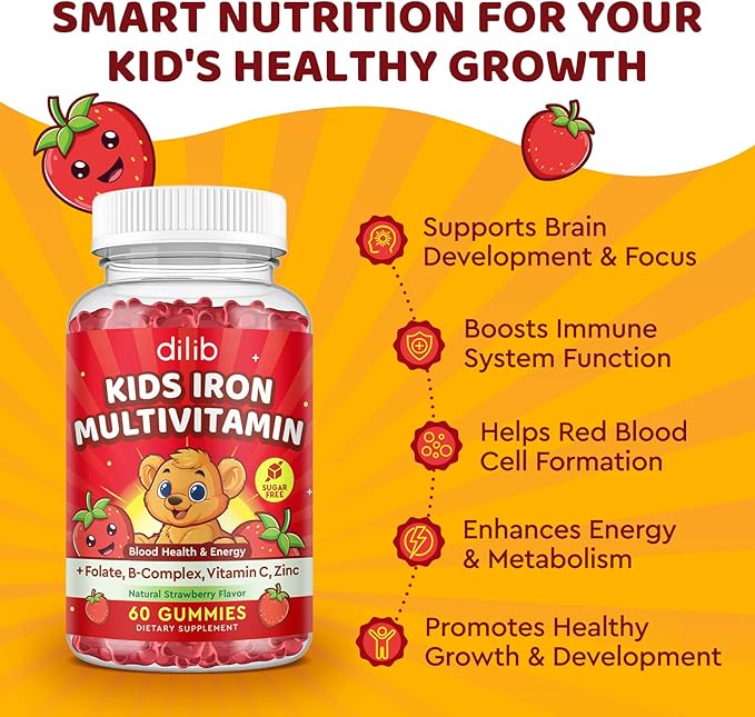 Iron Supplement Gummies for Kids, Kids Multivitamin with Iron Gummies - Zinc, Vitamin B Complex, A, C, D3, B12, Folate for Blood Builder & Energy Support, Iron Deficiency, Vegan Strawberry 120ct