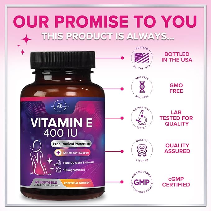 Vitamin E - 180 mg per Serving - Powerful Hair & Skin Support Supplement - dl-Alpha VitaminE Immune Health Support with Antioxidants - Easily Absorbed GMO & Gluten Free, Bottled in USA - 60 Softgels