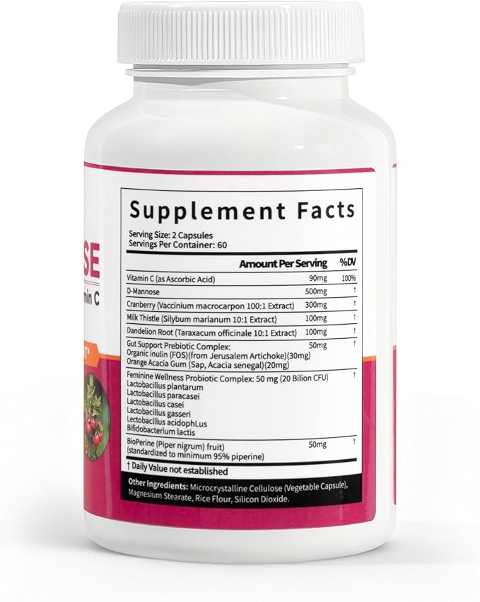 Urinary Tract and Bladder Health Support with Vaginal Probiotic Plus Prebiotics for Women - D-Mannose, Cranberry, Dandelion, Vitamin C -120 Veggie Capsules (60 Days Supply)