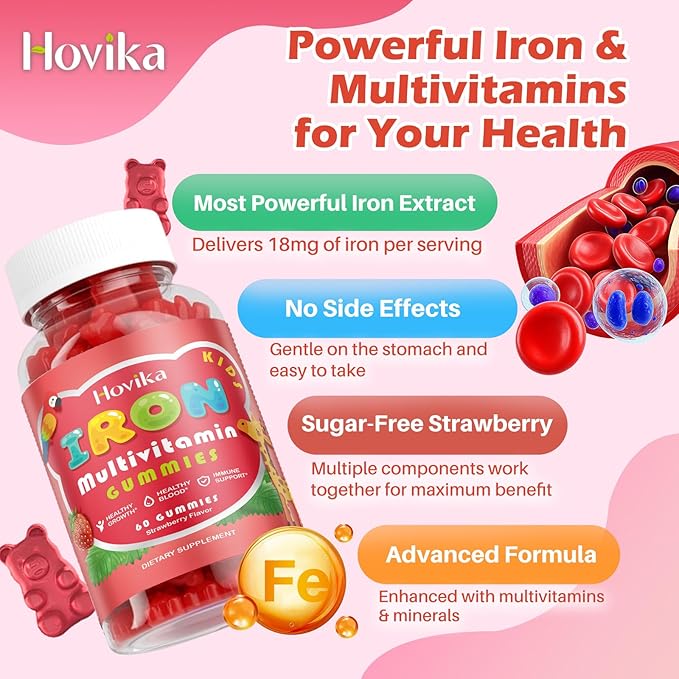 2 Pack Iron Supplement Gummies for Kids with Multivitamin, Calcium, Zinc, Folate - Kids Iron Gummies Support Immune, Blood Builder, Iron Deficiency, Anemia & Energy - Vegan, Strawberry