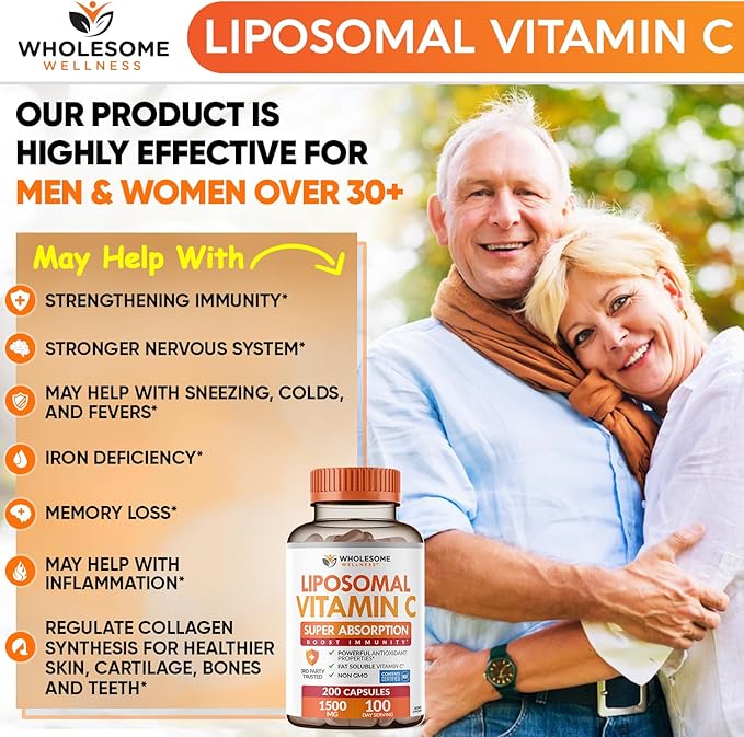 Wholesome Wellness Liposomal Vitamin C Capsules (200 Pills 1500mg Buffered) High Absorption, Immune System & Collagen Booster, High Dose Fat Soluble Immunity Support Ascorbic Acid, Natural Vegan