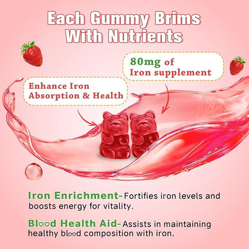 2 Pack Iron Gummies for Women & Men - Vegan Iron Supplement for Anemia & Iron Deficiency, with Vitamin B12, Vitamin C, Zinc, Folate - Energy Boost, Sugar-Free, Strawberry Flavor, 120 Count
