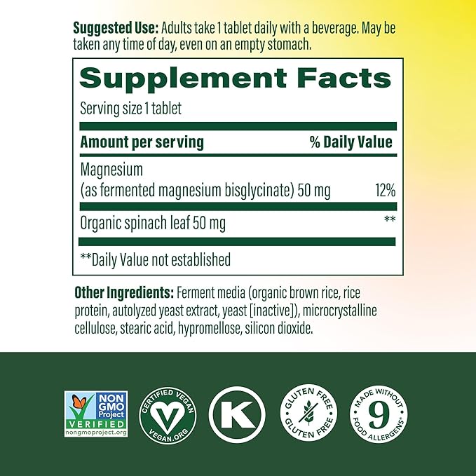 MegaFood Magnesium Supplement with Fermented Magnesium Glycinate - Chelated - Supports Heart & Nervous System - Vegan Gluten-Free Non-GMO Kosher - Made Without 9 Food Allergens - 60 Tablets