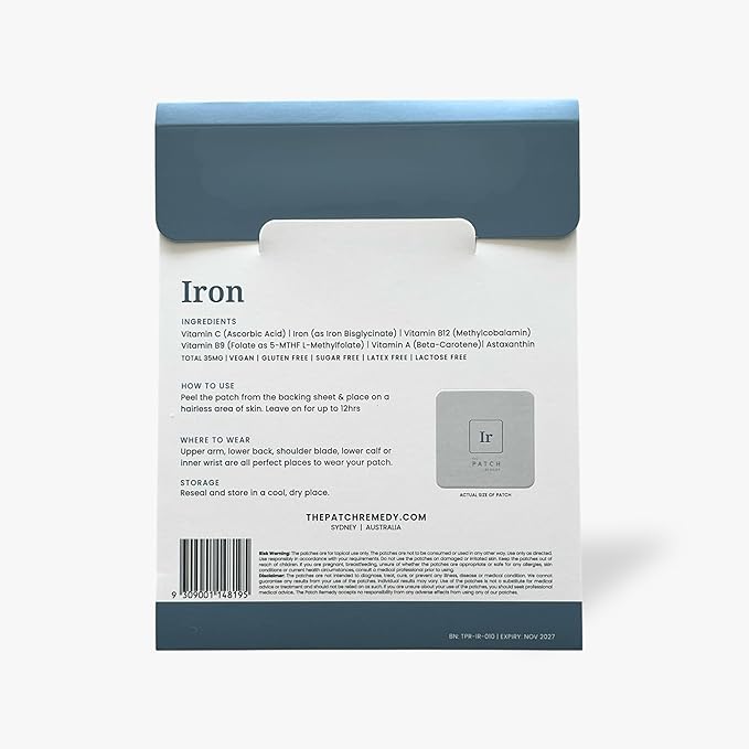 The Patch Remedy Iron Patch | Iron Bisglycinate, Vitamin C, B9 (Methylfolate), B12, Beta-Carotene, Astaxanthin | 30 Patches