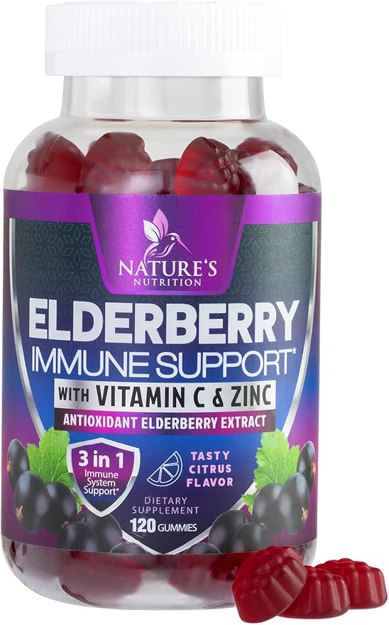 Elderberry Immune Support Gummies - 3X Strength Sambucus Elderberry Gummy with Vitamin C, D3 & Zinc - Nature’s Black Elderberry Extract - Immune Support Supplement for Adults & Kids - 120 Gummies