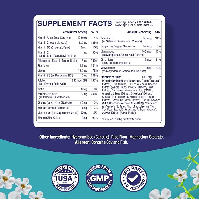 Nootropic Brain Supplement for Memory and Focus Enhancement - Vitamins for Brain, Mental Health & Clarity - Cognitive Health Complex for Mind's Vitality & Mental Alert - 60 Count - 2 Pack