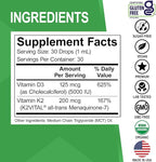 Vitamin D3 K2 Liquid Drops - Organic D3K2 Vitamin D3 K2 Drops Liquid Supplement MCT Oil for Adults & Kids, Calcium Absorption Strong Bones - Vit D and K 5000 IU Supplements, Vitamins D + K MK7 1 Fl Oz