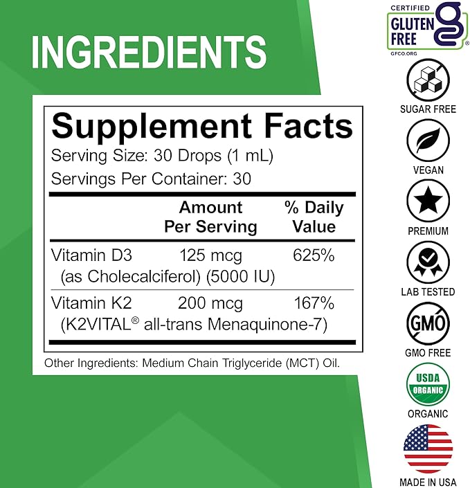 Vitamin D3 K2 Liquid Drops - Organic D3K2 Vitamin D3 K2 Drops Liquid Supplement MCT Oil for Adults & Kids, Calcium Absorption Strong Bones - Vit D and K 5000 IU Supplements, Vitamins D + K MK7 1 Fl Oz