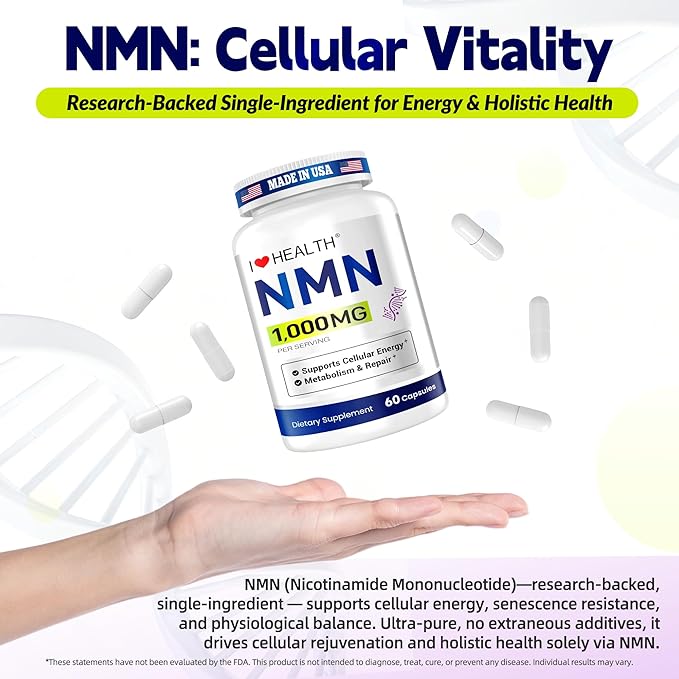 NMN 1000mg Supplement Per Serving,99.9% Pure Nicotinamide Mononucleotide,NAD+ Support Cellular Energy & Healthy Aging for Men & Women,60 Capsules(30-Day Supply),Third-Party Tested,cGMP