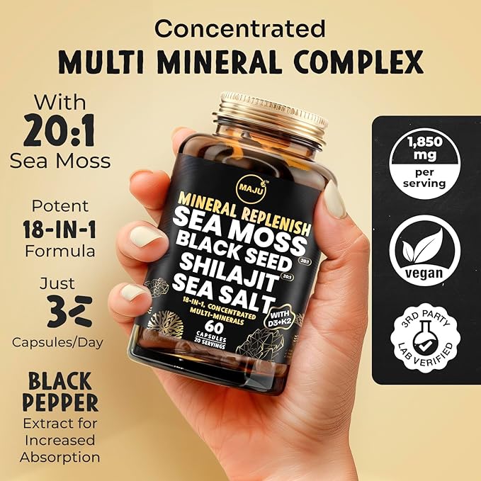 Maju Superfoods 18-in-1 Sea Moss, Black Seed, Shilajit, Sea Salt + D3 & K2, Concentrated Extracts, Trace Multi Mineral Capsules, for Men & Women Mineral Electrolytes Supplements