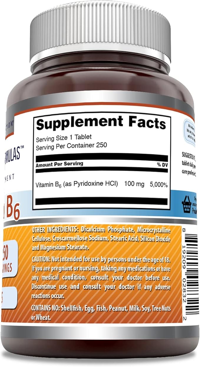 Amazing Formulas Vitamin B6 Supplement | 100 Mg per Serving | Tablets | Non-GMO | Gluten-Free | Made in USA (1 Pack, 250 Count)
