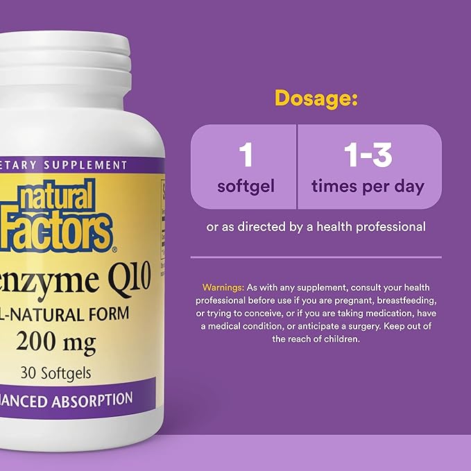 Natural Factors Coenzyme Q10 - Antioxidant Support Supplement Supports Cellular Energy Production - Better Absorption Aids Healthy Heart Function - 200 mg, 30 Softgels (30 Servings)