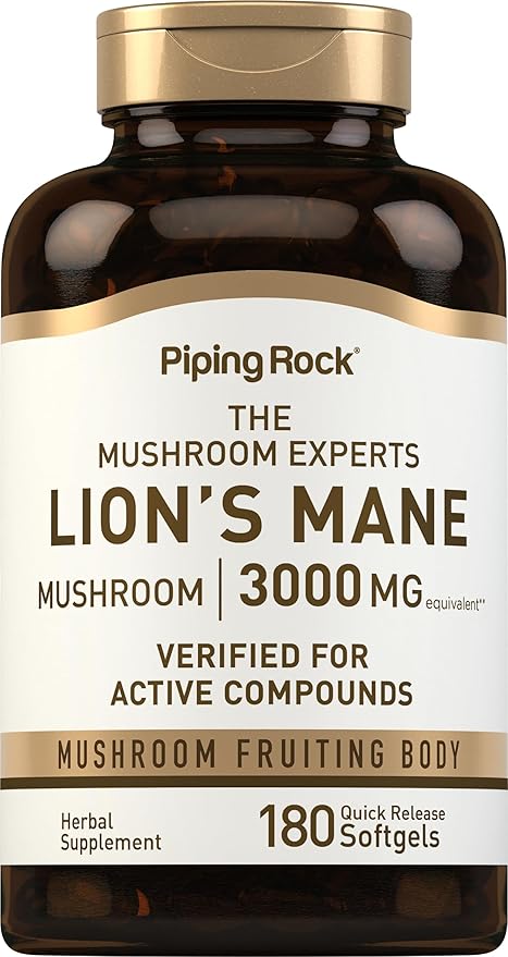 Piping Rock Lions Mane Supplement | 180 Softgel Capsules | Mushroom Fruiting Body Extract | Non-GMO, Gluten Free