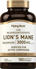 Piping Rock Lions Mane Supplement | 180 Softgel Capsules | Mushroom Fruiting Body Extract | Non-GMO, Gluten Free