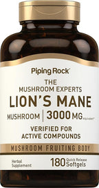 Piping Rock Lions Mane Supplement | 180 Softgel Capsules | Mushroom Fruiting Body Extract | Non-GMO, Gluten Free