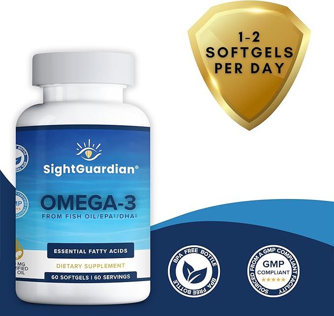 Sight Guardian Omega-3 with EPA, DHA, 100mg Fish Oil per Serving, Dietary Vitamin Supplement to Support Cardiovascular, Daily Health, Heart, Skin, Joints, and Brain