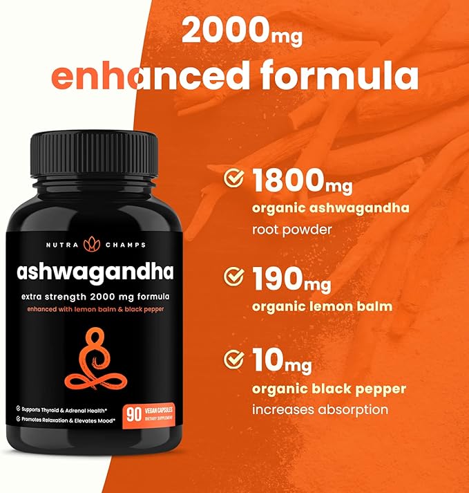 NutraChamps Organic Ashwagandha Capsules, 2000mg Adrenal Fatigue, Thyroid & Mood Support Ashwagandha Supplements, Ashwagandha Root Powder & Lemon Balm, Superior Absorption with Black Pepper
