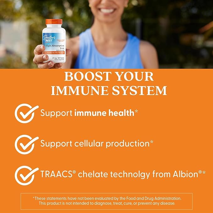 Doctor's Best High Absorption Iron Tablet with Ferrochel, Gentle on The Stomach, Immune Health, Blood Health, 27 mg