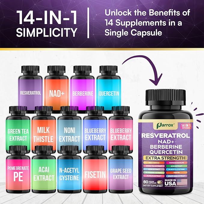 Resveratrol Supplement with Milk Thistle, NAD, Berberine, Quercetin, Fisetin, Pomegranate, Green Tea, Noni, Acai, Blueberry, Grape Seed Extracts, N-Acetyl Cysteine, 14-in-1 Extra Strength (60 Caps)
