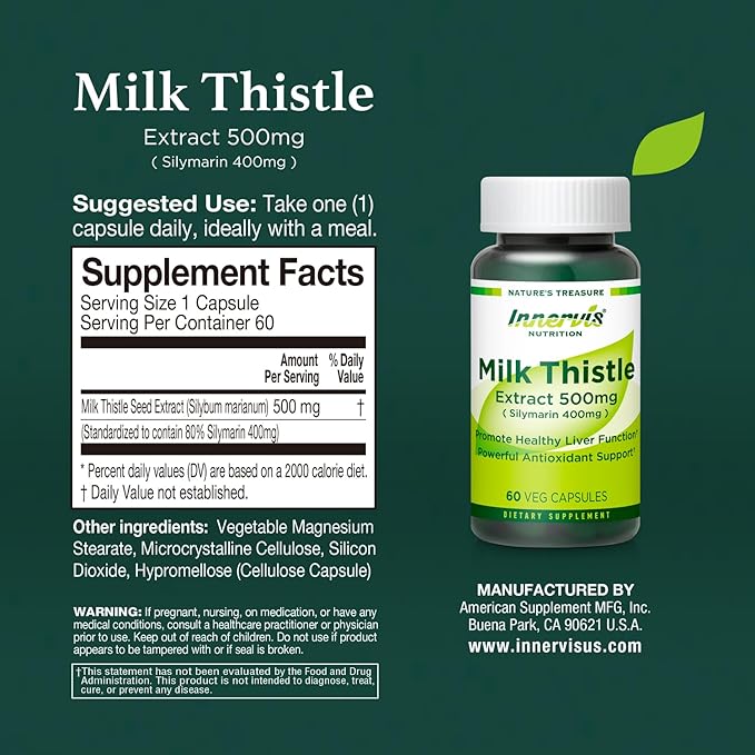 High Potency Silymarin 400mg Milk Thistle Extract 500mg for Optimal Liver Health & Detox Antioxidant Support | 60 Vegan Capsules – Innervis Nutrition