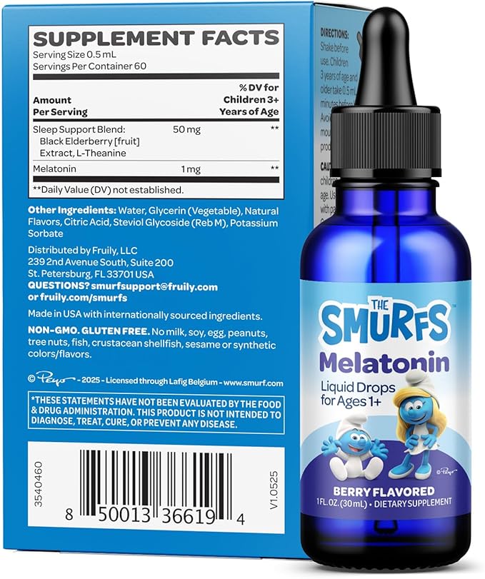 Smurfs Liquid Melatonin Drops for Kids | 1mg Melatonin Liquid for Kids with Calming Sleep Blend | Vegan Non-GMO & No Artificial Flavors or Colors | No Added Sugar | Berry Flavor | 60 Servings