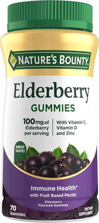 Nature's Bounty Elderberry Gummies, Dietary Supplement, Supports Immune Health, Contains Vitamin A, C, D, E and Zinc, 100 mg, 70 Gummies