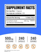 BulkSupplements.com Vitamin B5 Capsules - as Pantothenic Acid, B Vitamin Supplement, Pantothenic Acid 500 mg - Gluten Free, 1 Capsule per Serving, 240 Capsules (Pack of 1)